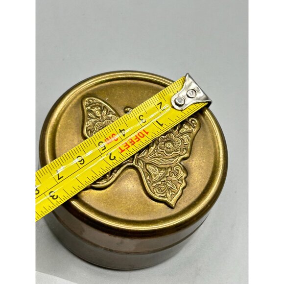 Butterfly Embossed Brass Box Small Cylindric Lidded Trinket Box Red Velvet - Picture 8 of 9